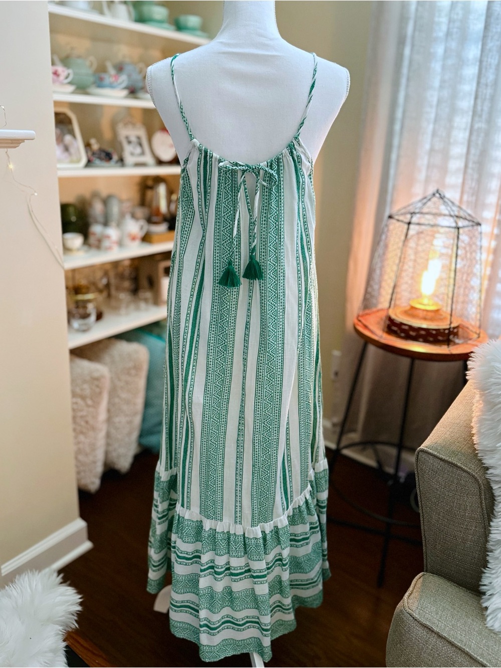Velvet Green and White Striped Tassel Maxi Dress/Brand New / Size S